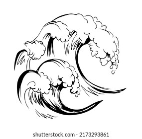 Summer curve swirl black drop flow element scenic view. White sky text space backdrop. Dark color ink hand drawn old death crash destroy scene emblem logo pictogram retro art comic doddle style design