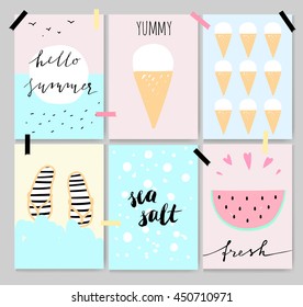 Summer cute artistic cards, posters, lettering. Pastel colors, cartoon style. Beautiful backgrounds with watermelon, ice cream, sea and sun.