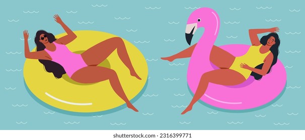 Summer cute background with floating in an inflatable flamingo circle in the sea or ocean body positive woman. Underwater swimming girl. Design for poster, banner, card etc. Vector illustration