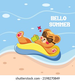 summer cute bear illustration on the beach