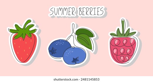 Summer cute berries sticker set. Hand drawn Doodle abstract Blueberry, Strawberry, raspberry isolated. Sticker healthy natural organic fruit food elements for design