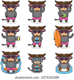 Summer cute Buffalo vector illustration. Flat Buffalo Summer Cartoon. Graphic cartoon character for banner, sticker advertising travel in summer theme illustration. Summer holiday concept design.