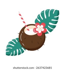 Summer cute  cocktail  in coconut with decorations isolated on transparent background with watercolour texture.  Summer beverage. Cocktail icon.  Cartoon flat style. Design element for web. Vector 