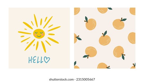 Summer cute collection. Hand drawn retro vector sun card and pattern set. Hello typography slogan. Exotic seamless pattern with oranges