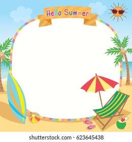 Summer cute decorated with surfboard umbrella and deck chair on beach background design with border frame for template.