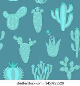 Summer cute design with cactuses. Colorful seamless pattern with exotic desert plants. Blue colour floral wallpaper. Baby print on multicolored background. Fabric vector illustration. 