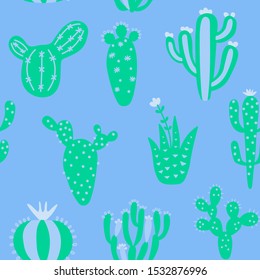 Summer cute design with cactuses. Colorful seamless pattern with exotic desert plants. Blue and green colors floral wallpaper. Baby print on multicolored background. Fabric vector illustration. 