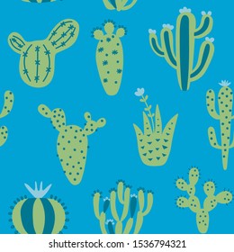 Summer cute design with cactuses. Colorful seamless pattern with exotic desert plants. Blue and green colors floral wallpaper. Baby print on multicolored background. Fabric vector illustration. 