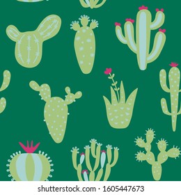 Summer cute design with cactuses. Colorful seamless pattern with exotic desert plants. Green colour floral wallpaper. Baby print on multicolored background. Fabric vector illustration. 