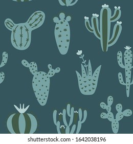 Summer cute design with cactuses. Colorful seamless pattern with exotic desert plants. Green colour floral wallpaper. Baby print on multicolored background. Fabric vector illustration. 