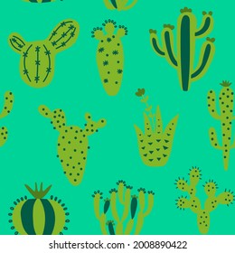 Summer cute design with cactuses. Colorful seamless pattern with exotic desert plants. Green colour floral wallpaper. Baby print on multicolored background. Fabric vector illustration. 