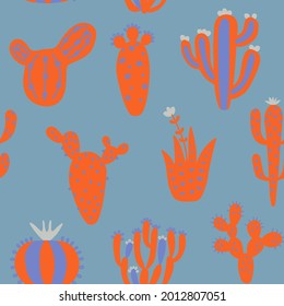 Summer cute design with cactuses. Colorful seamless pattern with exotic desert plants. Colour orange floral wallpaper. Baby print on multicolored background. Fabric vector illustration. 