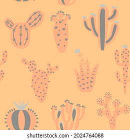 Summer cute design with cactuses. Colorful seamless pattern with exotic desert plants. Pastel colours floral wallpaper. Baby print on multicolored background. Fabric vector illustration. 
