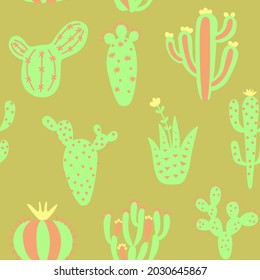 Summer cute design with cactuses. Colorful seamless pattern with exotic desert plants. Pastel colours floral wallpaper. Baby print on multicolored background. Fabric vector illustration. 