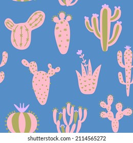 Summer cute design with cactuses. Colorful seamless pattern with exotic desert plants. Pink colour floral wallpaper. Baby print on multicolored background. Fabric vector illustration. 