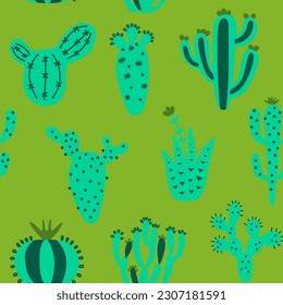 Summer cute design with cactuses. Colorful seamless pattern with exotic desert plants. Green colour floral wallpaper. Baby print on multicolored background. Fabric vector illustration. 