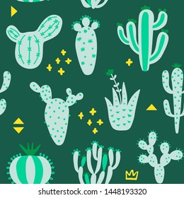 Summer cute design with cactuses. Seamless pattern with exotic desert plants and memphis. Blue and green color floral wallpaper. Baby print on multicolored background. Vector illustration. 