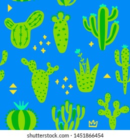 Summer cute design with cactuses. Seamless pattern with exotic desert plants and memphis. Blue and green color floral wallpaper. Baby print on multicolored background. Vector illustration. 