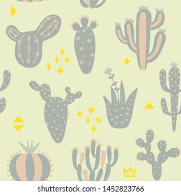 Summer cute design with cactuses. Seamless pattern with exotic desert plants and memphis. Beige color floral wallpaper. Baby print on multicolored background. Vector illustration. 