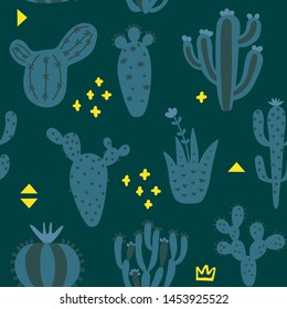 Summer cute design with cactuses. Seamless pattern with exotic desert plants and memphis. Blue and green color floral wallpaper. Baby print on multicolored background. Vector illustration. 
