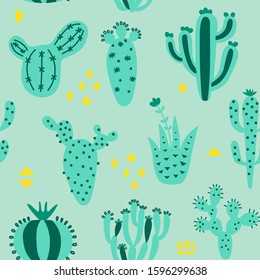 Summer cute design with cactuses. Seamless pattern with exotic desert plants and memphis. Blue and green color floral wallpaper. Baby print on multicolored background. Vector illustration. 