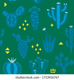 Summer cute design with cactuses. Seamless pattern with exotic desert plants and memphis. Blue and green color floral wallpaper. Baby print on multicolored background. Vector illustration. 