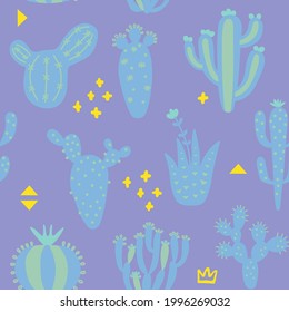 Summer cute design with cactuses. Seamless pattern with exotic desert plants and memphis. Blue and purple color floral wallpaper. Baby print on multicolored background. Vector illustration. 