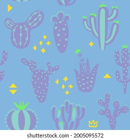 Summer cute design with cactuses. Seamless pattern with exotic desert plants and memphis. Blue and purple color floral wallpaper. Baby print on multicolored background. Vector illustration. 