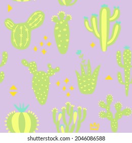 Diseño lindo de verano con cactús. Patrón sin foco con plantas exóticas y memphis. Papel tapizado de color pastel. Impresión de bebé sobre fondo multicolor. Ilustración vectorial. 