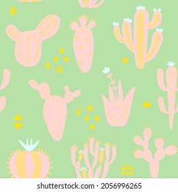 Diseño lindo de verano con cactús. Patrón sin foco con plantas exóticas y memphis. Papel tapizado de color pastel. Impresión de bebé sobre fondo multicolor. Ilustración vectorial. 
