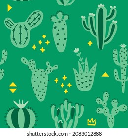 Summer cute design with cactuses. Seamless pattern with exotic desert plants and memphis. Green colour floral wallpaper. Baby print on multicolored background. Vector illustration. 