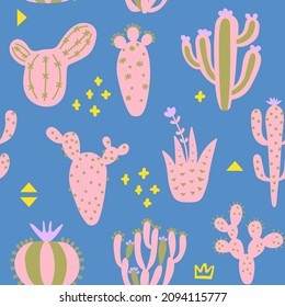 Summer cute design with cactuses. Seamless pattern with exotic desert plants and memphis. Pink colour floral wallpaper. Baby print on multicolored background. Vector illustration. 