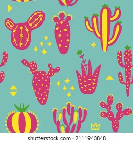 Diseño lindo de verano con cactús. Patrón sin foco con plantas exóticas y memphis. Papel pintado de color rosa con motivos florales. Impresión de bebé sobre fondo multicolor. Ilustración vectorial. 