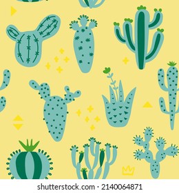 Summer cute design with cactuses. Seamless pattern with exotic desert plants and memphis. Yellow colour floral wallpaper. Baby print on multicolored background. Vector illustration. 