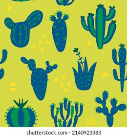 Diseño lindo de verano con cactús. Patrón sin foco con plantas exóticas y memphis. Papel de pared de color amarillo con motivos florales. Impresión de bebé sobre fondo multicolor. Ilustración vectorial. 