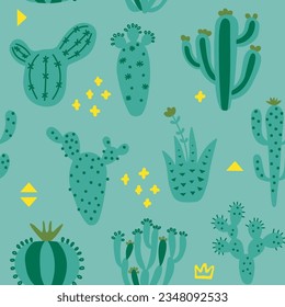 Summer cute design with cactuses. Seamless pattern with exotic desert plants and memphis. Green colour floral wallpaper. Baby print on multicolored background. Vector illustration. 
