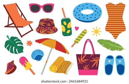 Summer cute elements set. Swimsuit, ice cream, palm leaves, beach umbrella, soda. Isolated vector illustration for posters, cards, background