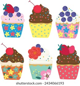 Summer Cute Flowers Fruit Cupcake - Hand Drawn Elements Vector Illustration for Decorative Invitation, Greeting, Birthday, Party, Celebration, Wedding, Card, Poster, Banner, Textile, and Wallpaper