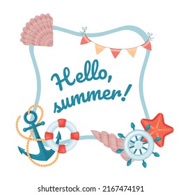Summer cute frame on blue background. Sea travel. Template for design. Vector illustration. cartoon style.