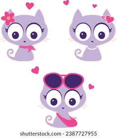 Verano lindo y divertido vector gato. Colección de diseño de gatos de dibujos animados o gatitos con color plano en diferentes poses. Conjunto de animales de compañía purrí aislados sin fondo.	