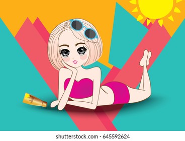 Summer, Cute girl laying under the sun. illustration vector.