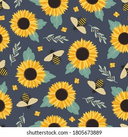 Summer cute hand drawn scandinavian style background seamless pattern with cottage garden flowers,sunflowers, honey bees. Tender farmhouse summer pattern design for fabric, wallpaper, stationery 