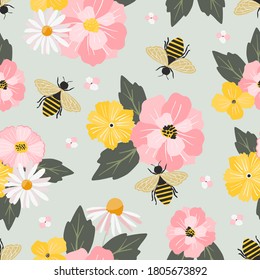 Summer cute hand drawn scandinavian style background seamless pattern with cottage garden flowers, honey bees. Tender farmhouse summer pattern design for fabric, wallpaper, stationery 