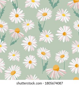 Summer cute hand drawn scandinavian style background seamless pattern with cottage garden flowers, roses, camomiles. Tender farmhouse summer pattern design for fabric, wallpaper, stationery 