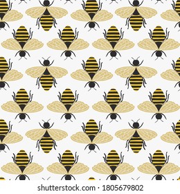 Summer cute hand drawn scandinavian style background seamless pattern with cottage garden flowers, honey bees. Tender farmhouse summer pattern design for fabric, wallpaper, stationery 