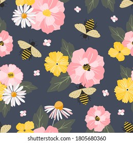 Summer cute hand drawn scandinavian style background seamless pattern with cottage garden flowers, honey bees. Tender farmhouse summer pattern design for fabric, wallpaper, stationery 