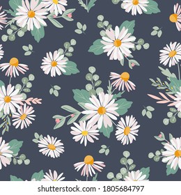 Summer cute hand drawn scandinavian style background seamless pattern with cottage garden flowers, camomiles. Tender farmhouse summer pattern design for fabric, wallpaper, stationery 