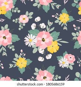 Summer cute hand drawn scandinavian style background seamless pattern with cottage garden flowers, roses, camomiles. Tender farmhouse summer pattern design for fabric, wallpaper, stationery 