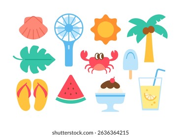 Summer cute illustration icons stickers set. Cartoon style flat vector summer symbols clipart collection. 