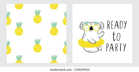 Summer cute Koala in sunglasses. Funny print koala a swimming pool. 